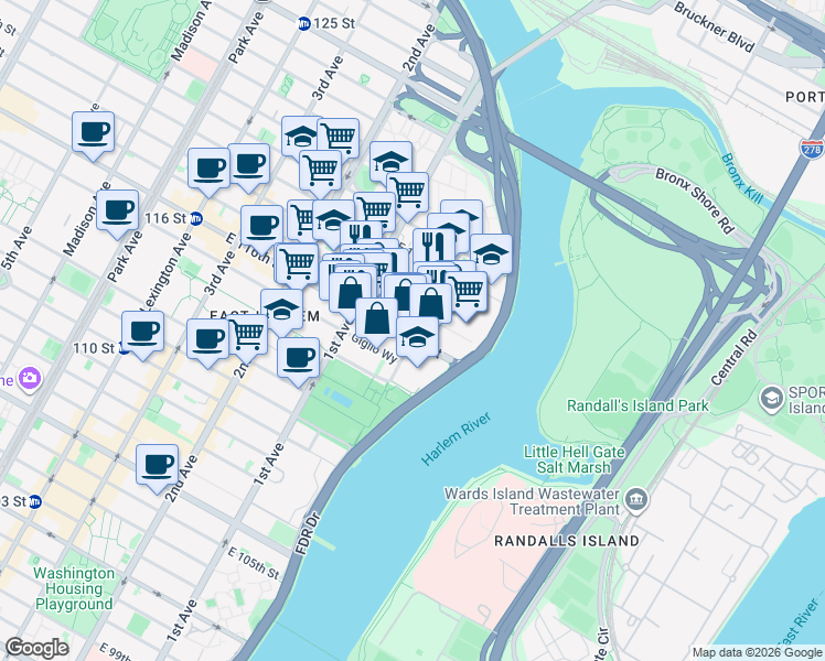 map of restaurants, bars, coffee shops, grocery stores, and more near 455 East 116th Street in New York