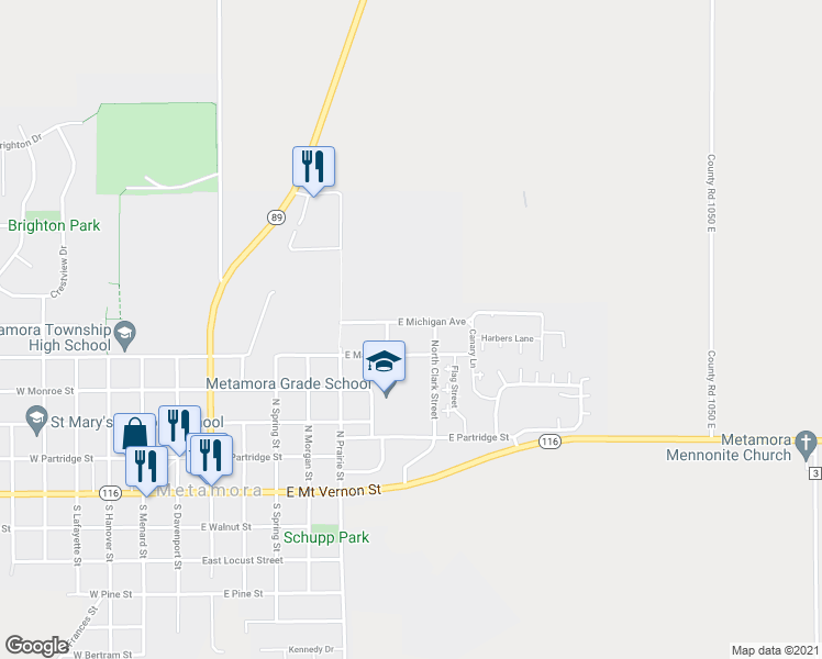 map of restaurants, bars, coffee shops, grocery stores, and more near 908 East Michigan Avenue in Metamora