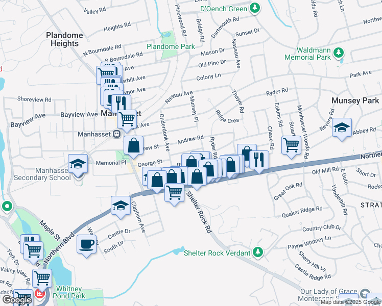map of restaurants, bars, coffee shops, grocery stores, and more near 44 Stonehenge Road in Manhasset