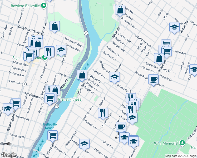 map of restaurants, bars, coffee shops, grocery stores, and more near 248 Crystal Street in North Arlington