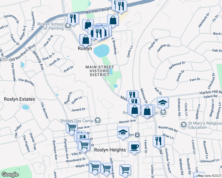 map of restaurants, bars, coffee shops, grocery stores, and more near 179 Main Street in Roslyn