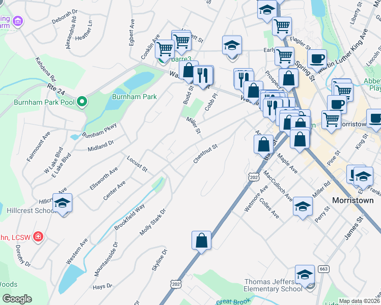 map of restaurants, bars, coffee shops, grocery stores, and more near 88 Western Avenue in Morristown