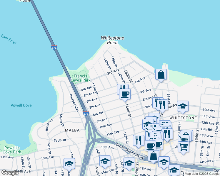 map of restaurants, bars, coffee shops, grocery stores, and more near 5th Avenue in Queens