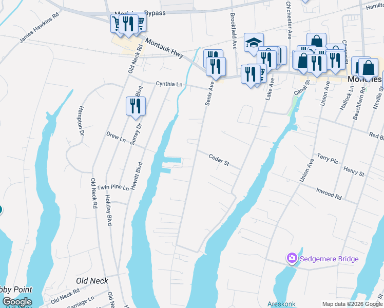 map of restaurants, bars, coffee shops, grocery stores, and more near 48 Senix Avenue in Center Moriches