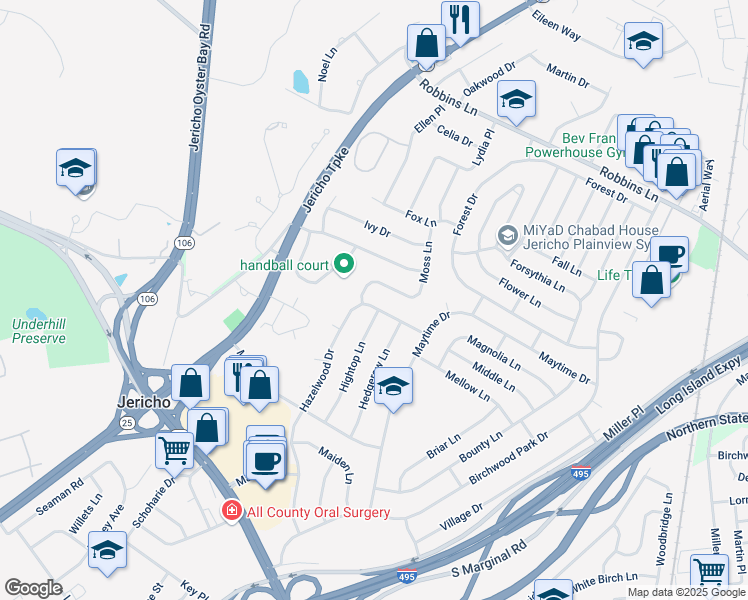 map of restaurants, bars, coffee shops, grocery stores, and more near 123 Hazelwood Drive in Jericho