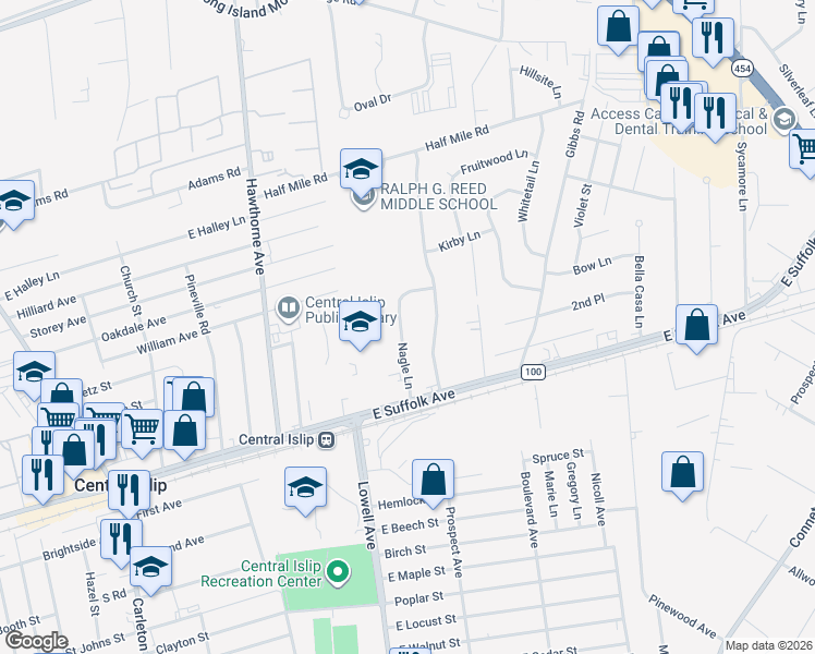 map of restaurants, bars, coffee shops, grocery stores, and more near 17 Nagle Lane in Central Islip