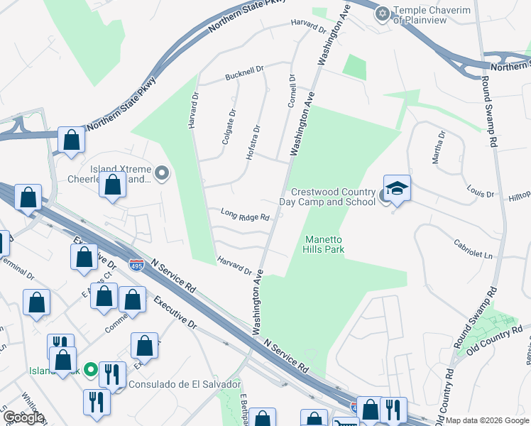 map of restaurants, bars, coffee shops, grocery stores, and more near 6 Long Ridge Road in Plainview