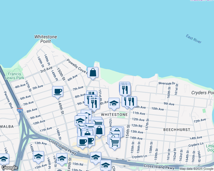 map of restaurants, bars, coffee shops, grocery stores, and more near 705 152nd Street in Queens
