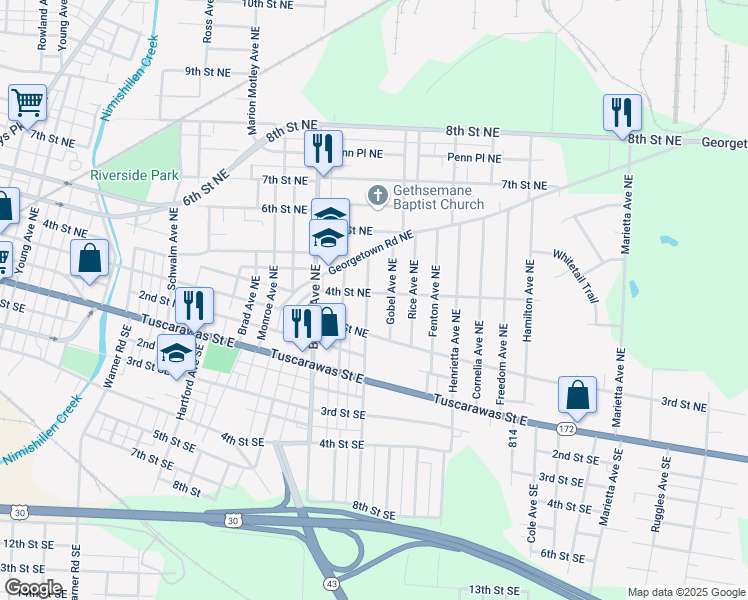 map of restaurants, bars, coffee shops, grocery stores, and more near 2204 4th St NE in Canton