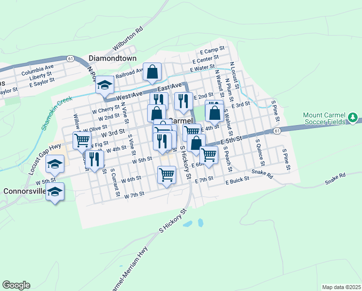map of restaurants, bars, coffee shops, grocery stores, and more near 136 S Hickory St in Mt Carmel