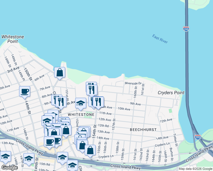 map of restaurants, bars, coffee shops, grocery stores, and more near 154-5 Riverside Drive in Queens