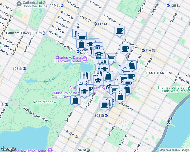 map of restaurants, bars, coffee shops, grocery stores, and more near 1271 5th Avenue in New York