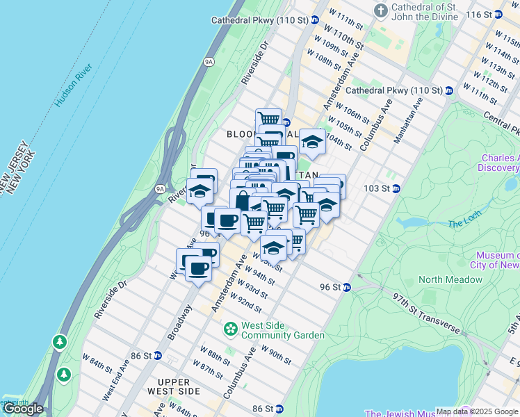 map of restaurants, bars, coffee shops, grocery stores, and more near 202 West 98th Street in New York