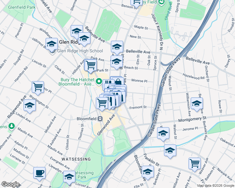 map of restaurants, bars, coffee shops, grocery stores, and more near 58 Broad Street in Bloomfield
