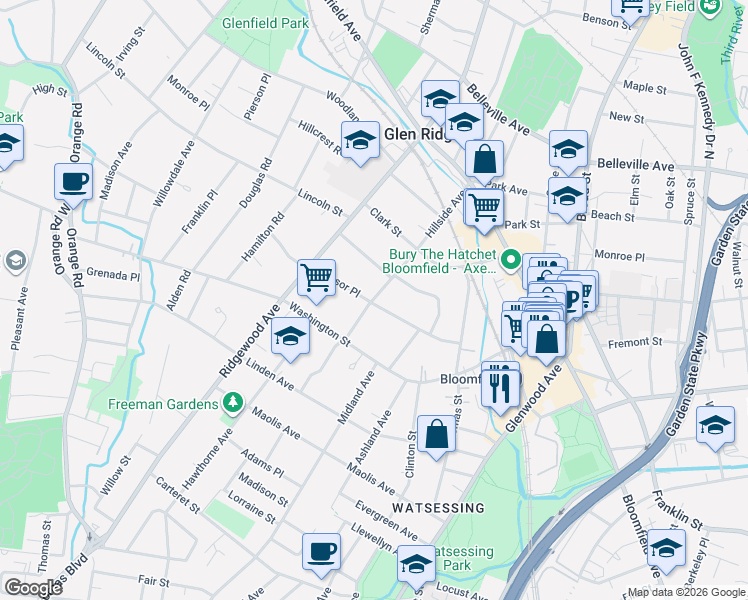map of restaurants, bars, coffee shops, grocery stores, and more near 54 Hillside Avenue in Glen Ridge