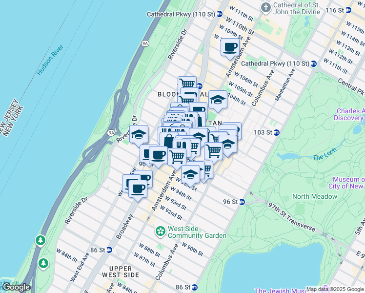 map of restaurants, bars, coffee shops, grocery stores, and more near 150 West 98th Street in New York