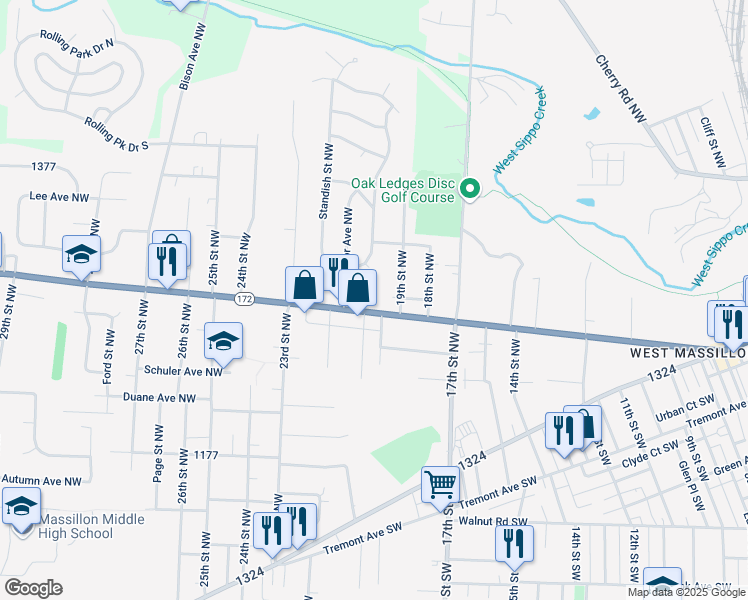map of restaurants, bars, coffee shops, grocery stores, and more near 2012 Lincoln Way West in Massillon