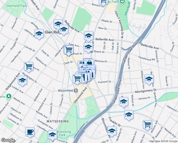 map of restaurants, bars, coffee shops, grocery stores, and more near 58 Broad Street in Bloomfield