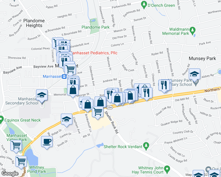 map of restaurants, bars, coffee shops, grocery stores, and more near 44 Stonehenge Road in Manhasset