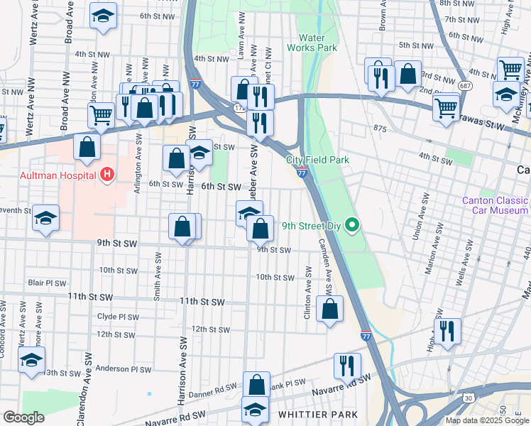 map of restaurants, bars, coffee shops, grocery stores, and more near 635 Garfield Avenue Southwest in Canton