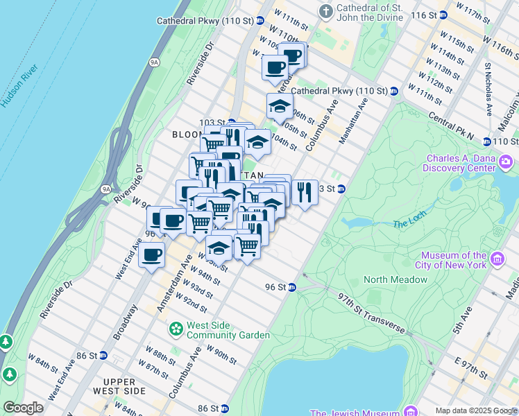 map of restaurants, bars, coffee shops, grocery stores, and more near 792 Columbus Avenue in New York