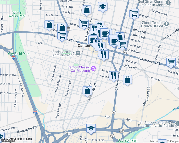 map of restaurants, bars, coffee shops, grocery stores, and more near 534 Cleveland Avenue Southwest in Canton