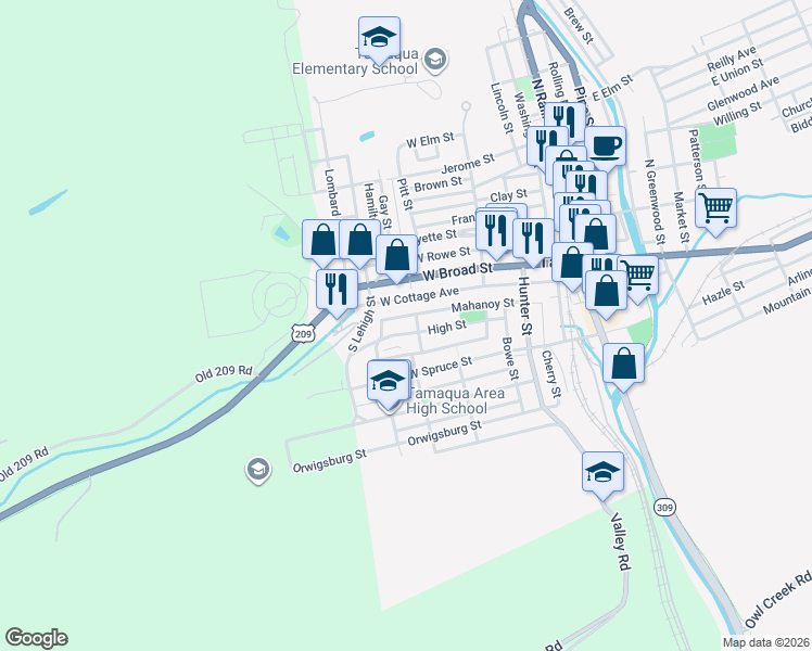map of restaurants, bars, coffee shops, grocery stores, and more near 318 Mahanoy Street in Tamaqua