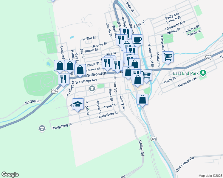 map of restaurants, bars, coffee shops, grocery stores, and more near 63 Bowe Street in Tamaqua
