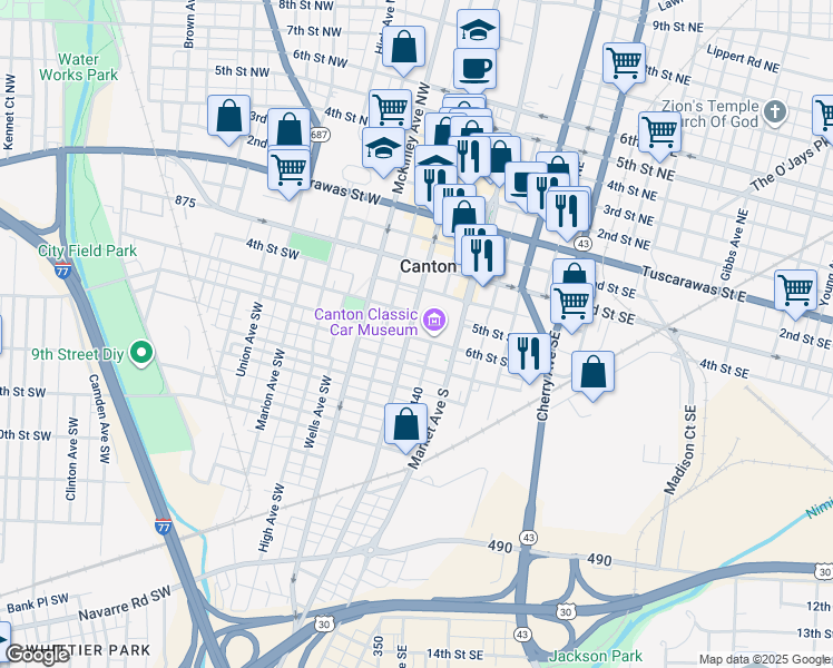 map of restaurants, bars, coffee shops, grocery stores, and more near 534 Cleveland Avenue Southwest in Canton