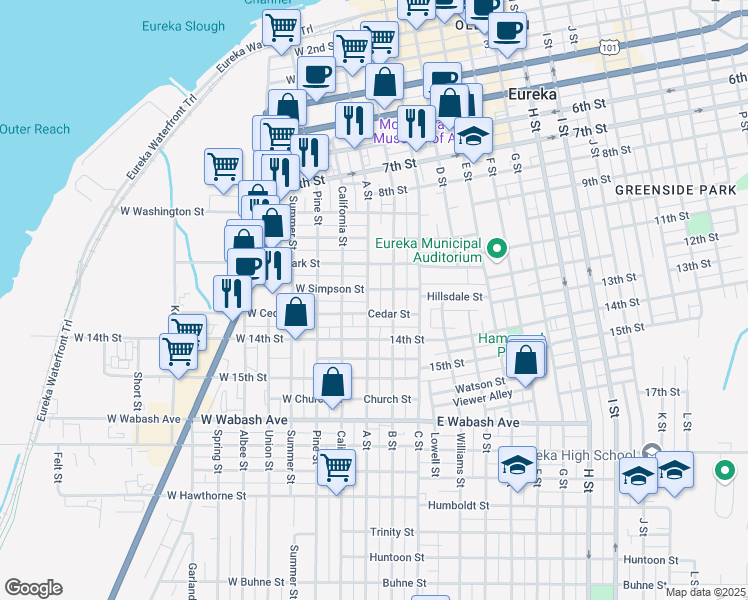 map of restaurants, bars, coffee shops, grocery stores, and more near 1204 B Street in Eureka