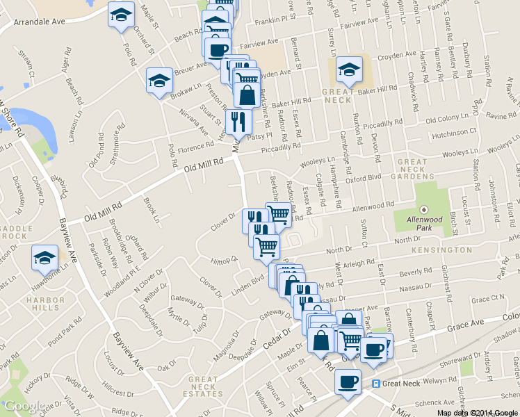map of restaurants, bars, coffee shops, grocery stores, and more near in Great Neck