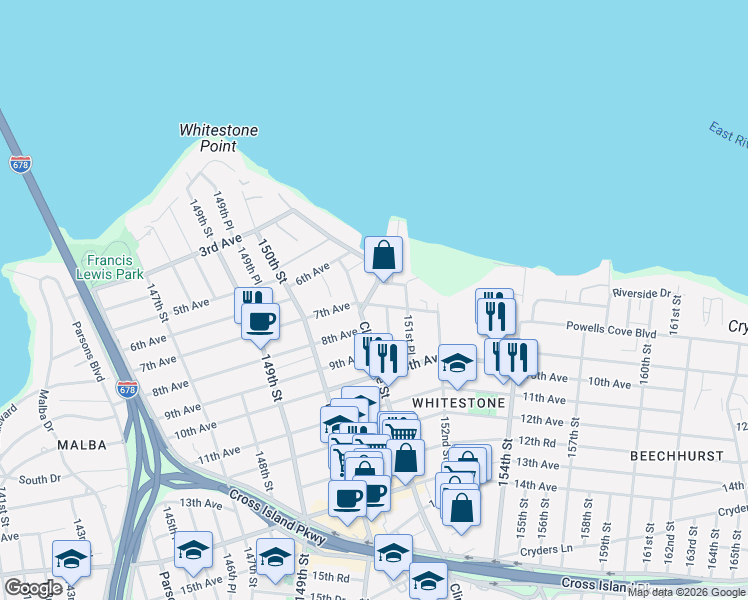 map of restaurants, bars, coffee shops, grocery stores, and more near 6-53 Clintonville Street in Queens