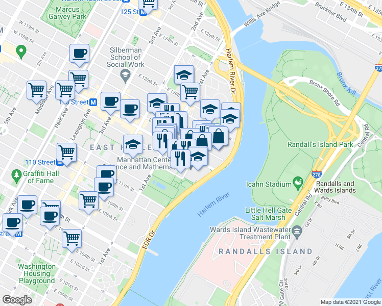 map of restaurants, bars, coffee shops, grocery stores, and more near in New York