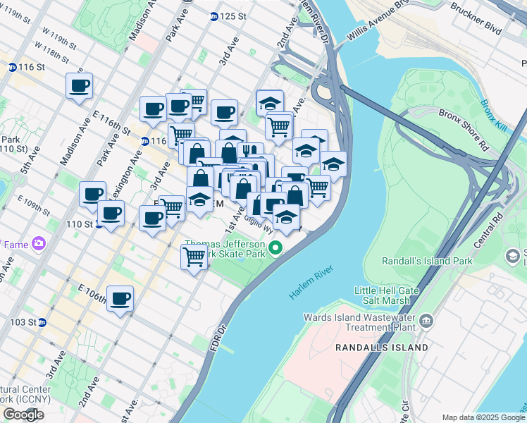 map of restaurants, bars, coffee shops, grocery stores, and more near 414 East 116th Street in New York