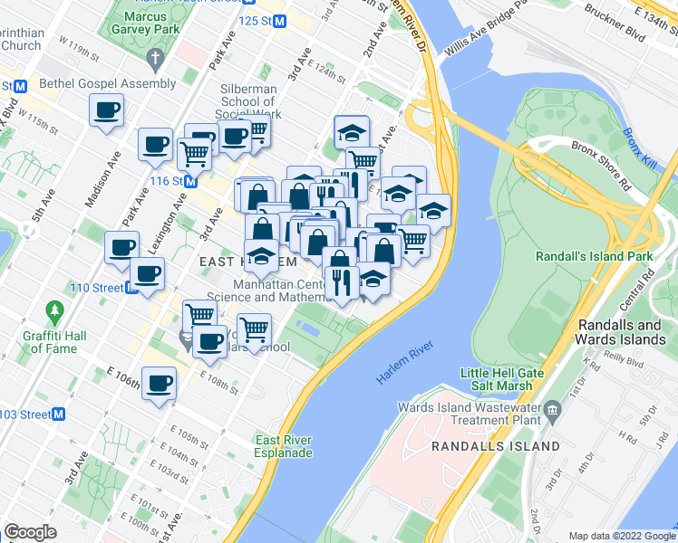 map of restaurants, bars, coffee shops, grocery stores, and more near in New York