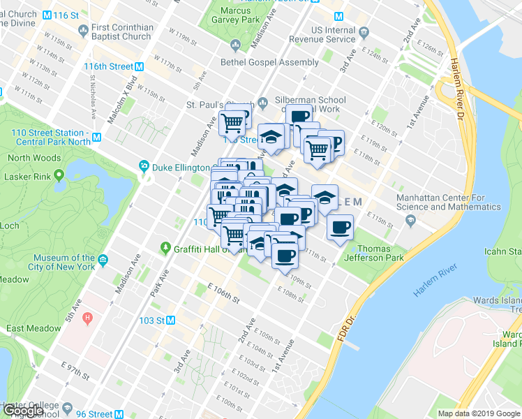 map of restaurants, bars, coffee shops, grocery stores, and more near 174 East 112th Street in New York