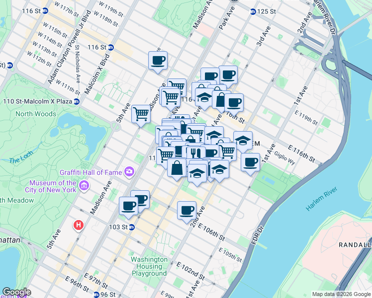 map of restaurants, bars, coffee shops, grocery stores, and more near 174 East 112th Street in New York