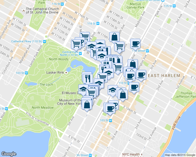 map of restaurants, bars, coffee shops, grocery stores, and more near 1271 5th Avenue in New York
