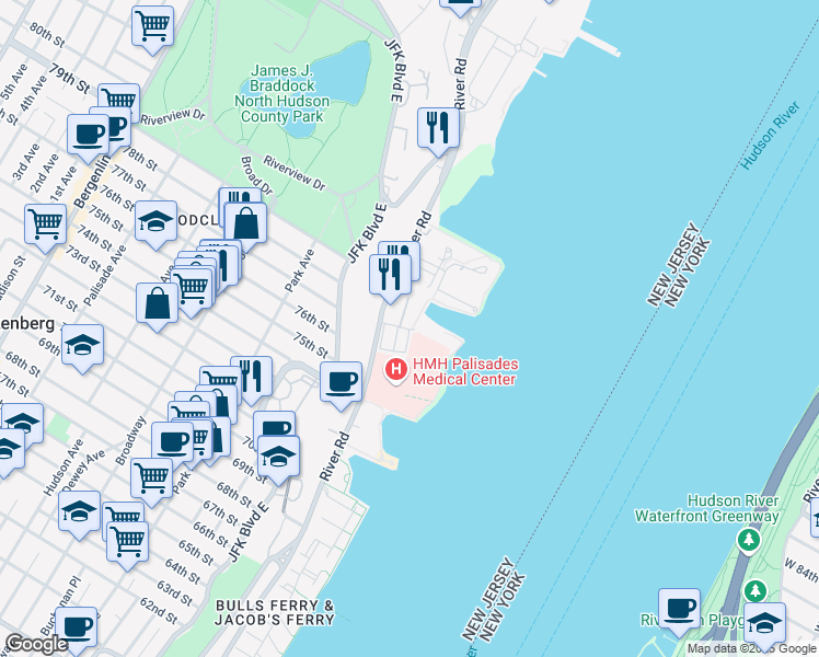 map of restaurants, bars, coffee shops, grocery stores, and more near 7706 Marine Road in North Bergen