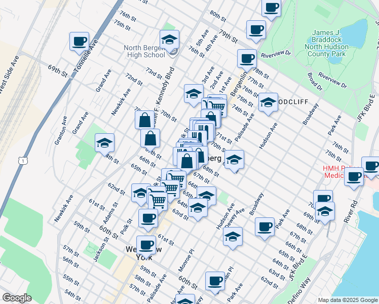 map of restaurants, bars, coffee shops, grocery stores, and more near 528 68th Street in Guttenberg