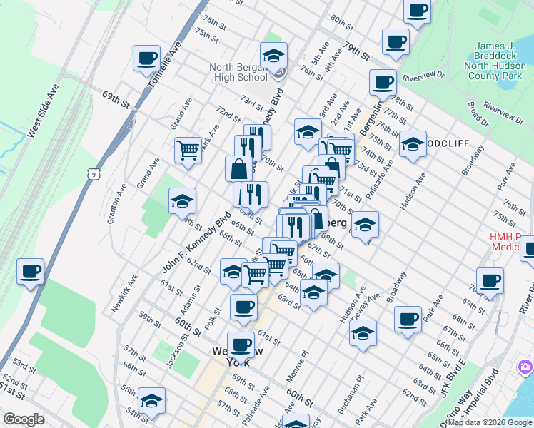 map of restaurants, bars, coffee shops, grocery stores, and more near 6714 Jackson Street in Guttenberg