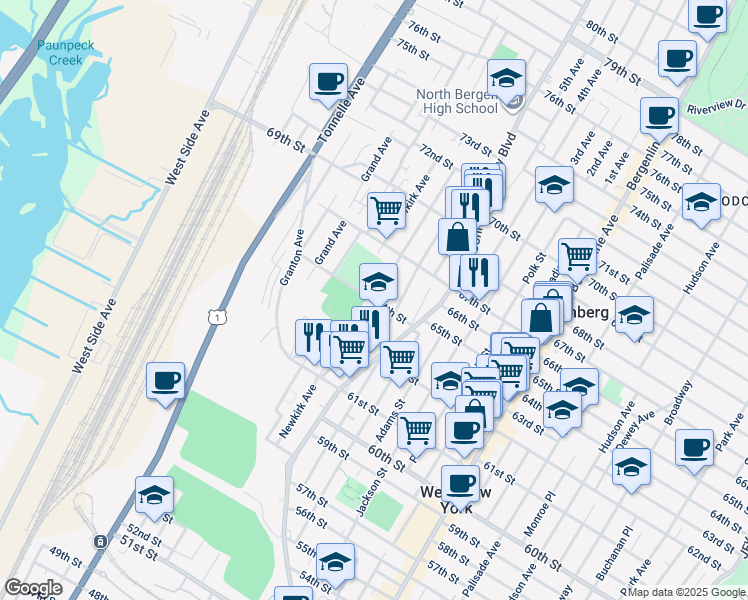 map of restaurants, bars, coffee shops, grocery stores, and more near 6500 Durham Avenue in North Bergen