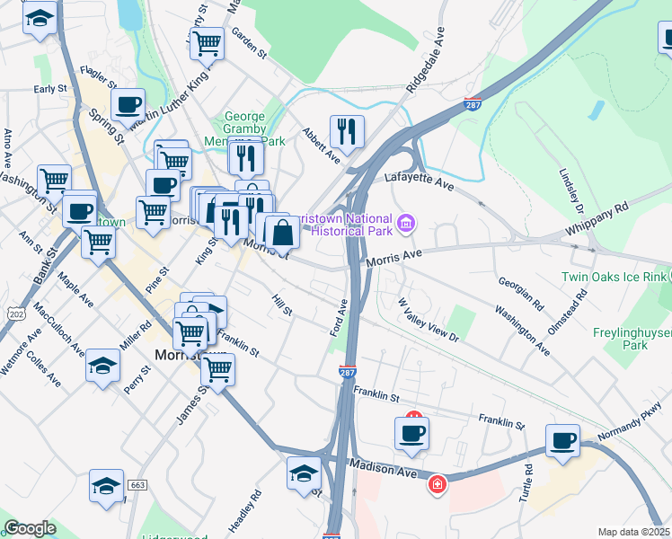 map of restaurants, bars, coffee shops, grocery stores, and more near 2 Taft Lane in Morristown