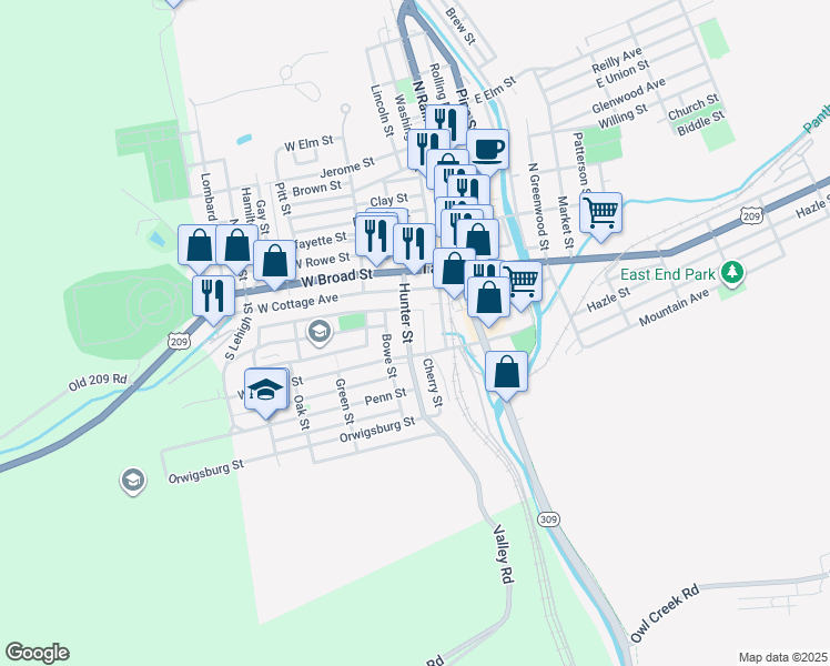map of restaurants, bars, coffee shops, grocery stores, and more near 39 South Railroad Street in Tamaqua