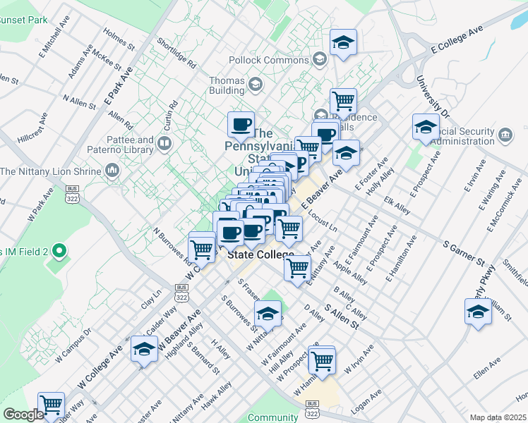 map of restaurants, bars, coffee shops, grocery stores, and more near 130 East College Avenue in State College