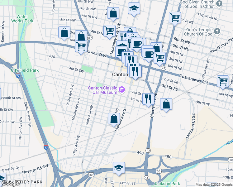 map of restaurants, bars, coffee shops, grocery stores, and more near 537 Cleveland Avenue Southwest in Canton