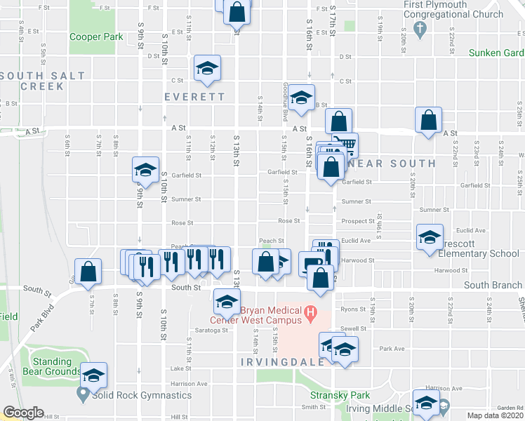 map of restaurants, bars, coffee shops, grocery stores, and more near 1728 South 14th Street in Lincoln