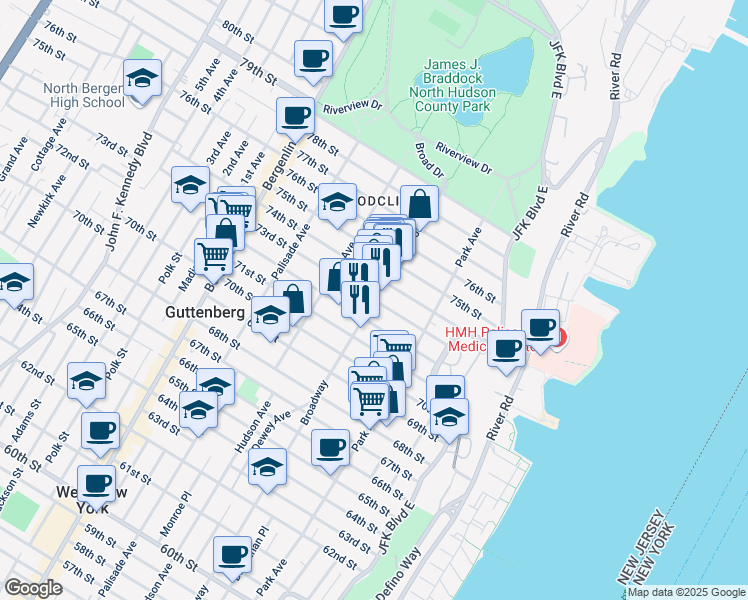 map of restaurants, bars, coffee shops, grocery stores, and more near Broadway & 73rd Street in North Bergen