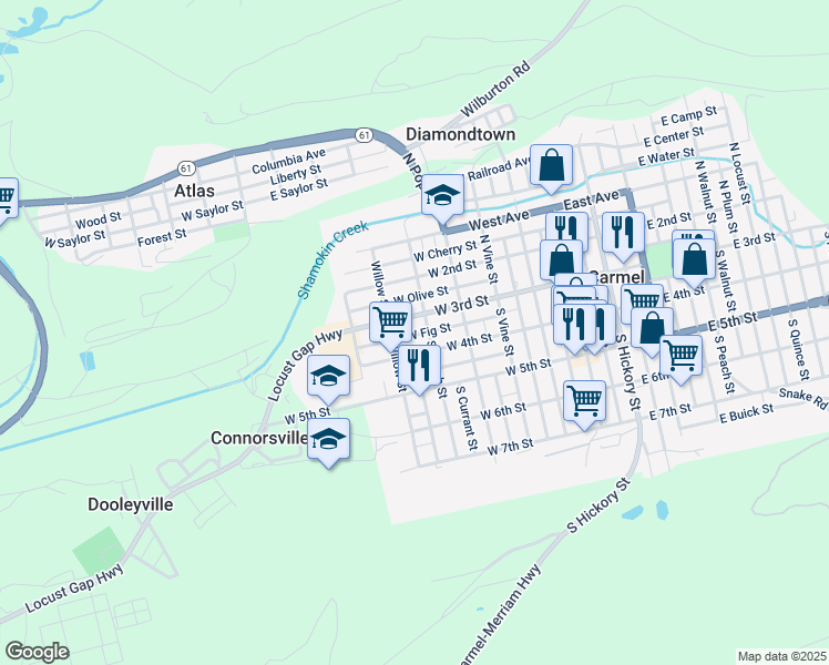 map of restaurants, bars, coffee shops, grocery stores, and more near 401-419 West Fig Street in Mount Carmel