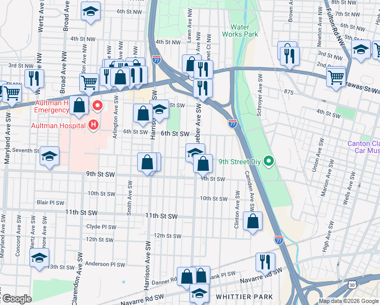 map of restaurants, bars, coffee shops, grocery stores, and more near 645 Dueber Avenue Southwest in Canton